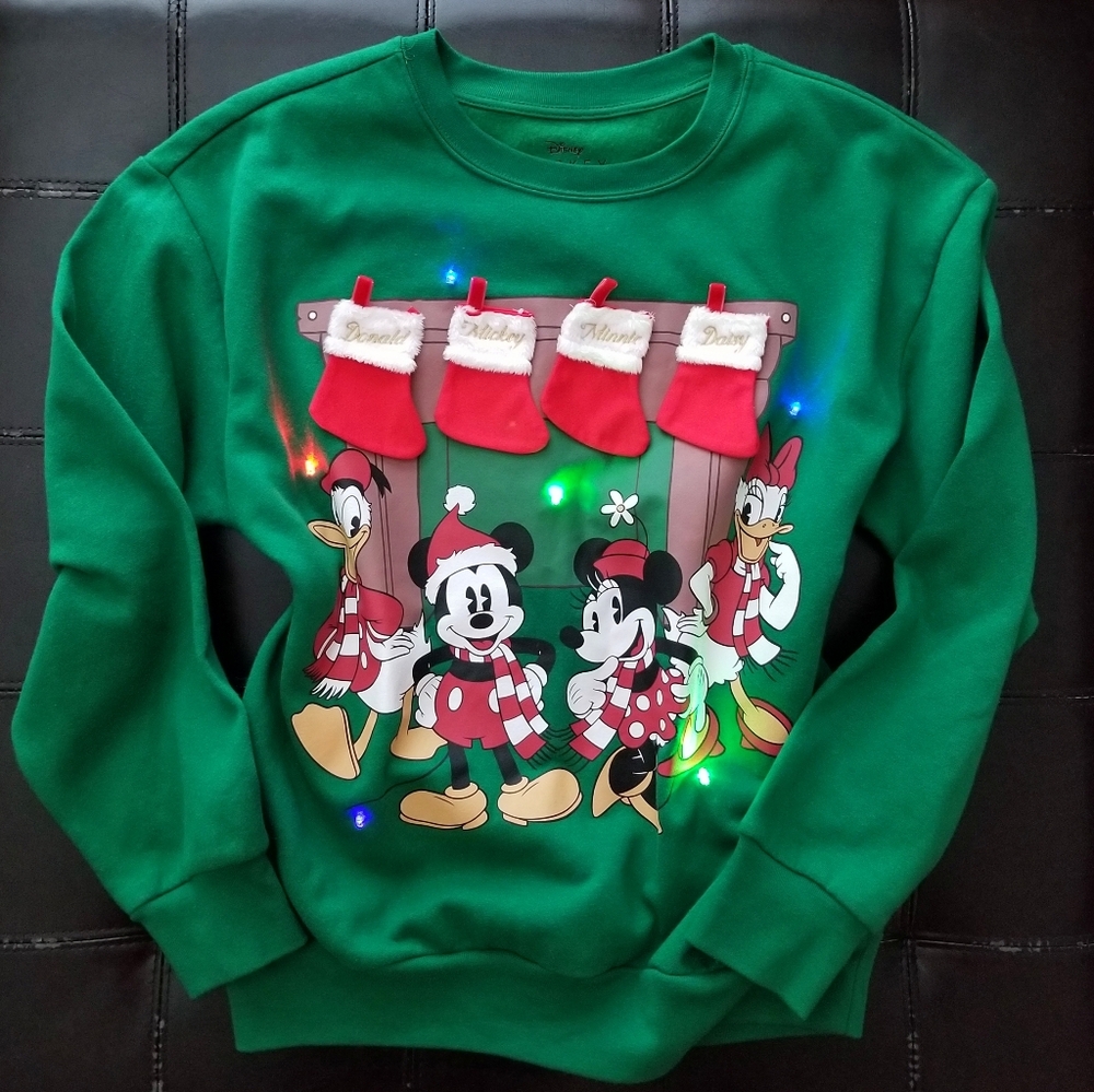 ❗Disney Mickey Mouse and Friends Holiday Kelly Green Light Up Sweatshirt Small❗